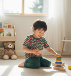 Child playing with colorful wooden blocks in a bright room.