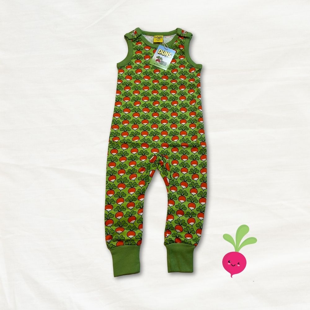 Green children's romper with radish pattern on a white background