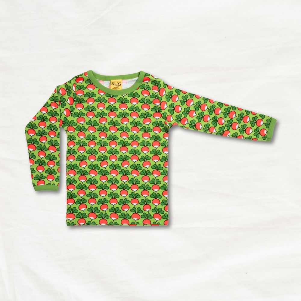 Long-sleeve shirt with radish pattern on a white background