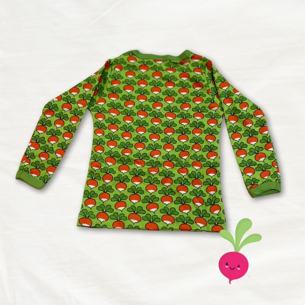 Green long-sleeve shirt with red radish pattern on a white background