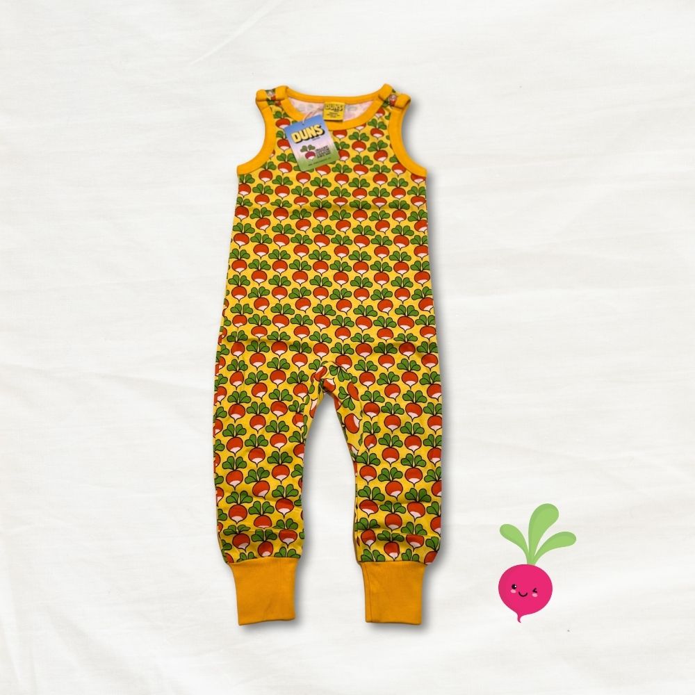 Children's overalls with Radish pattern on a white background