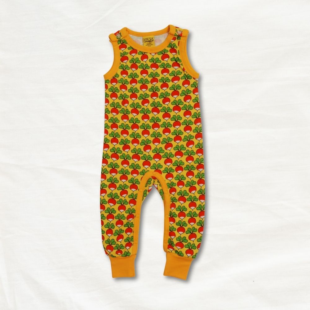 Children's sleeveless romper with Radish pattern on a white background