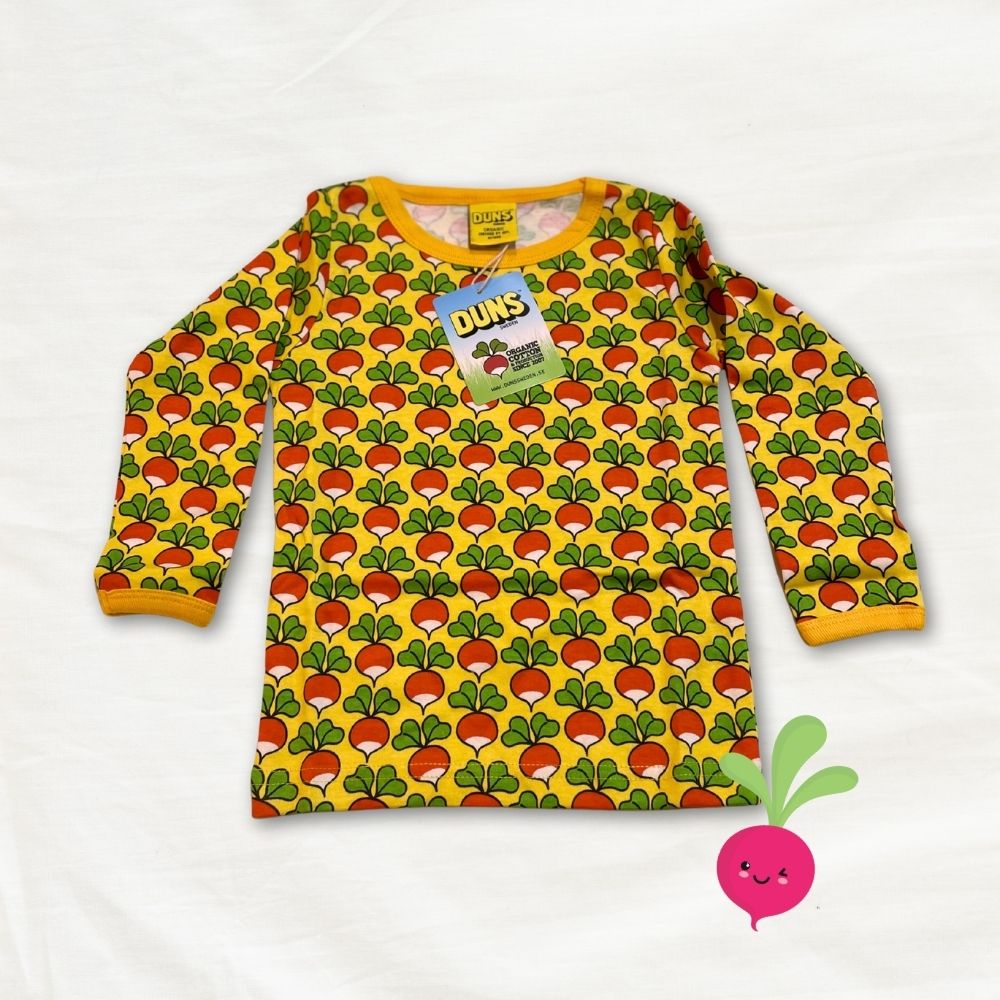 Children's long-sleeve shirt with radish pattern on a white background