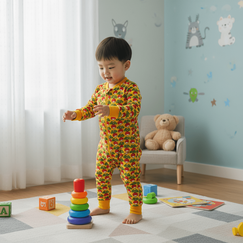 Child in colorful pajamas playing with toys in a room with a teddy bear and children's furniture.