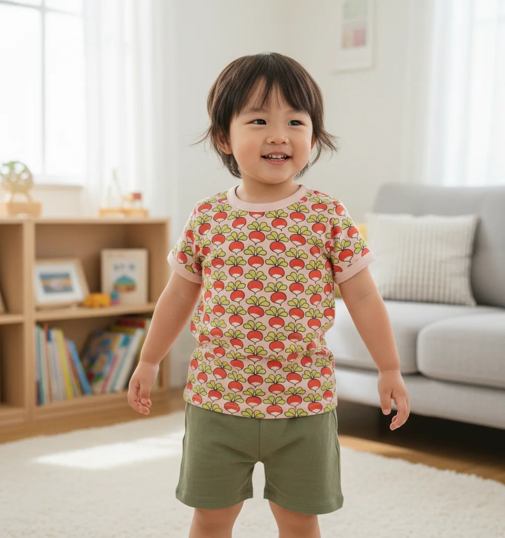 Child wearing a strawberry-patterned shirt and green shorts in a living room.