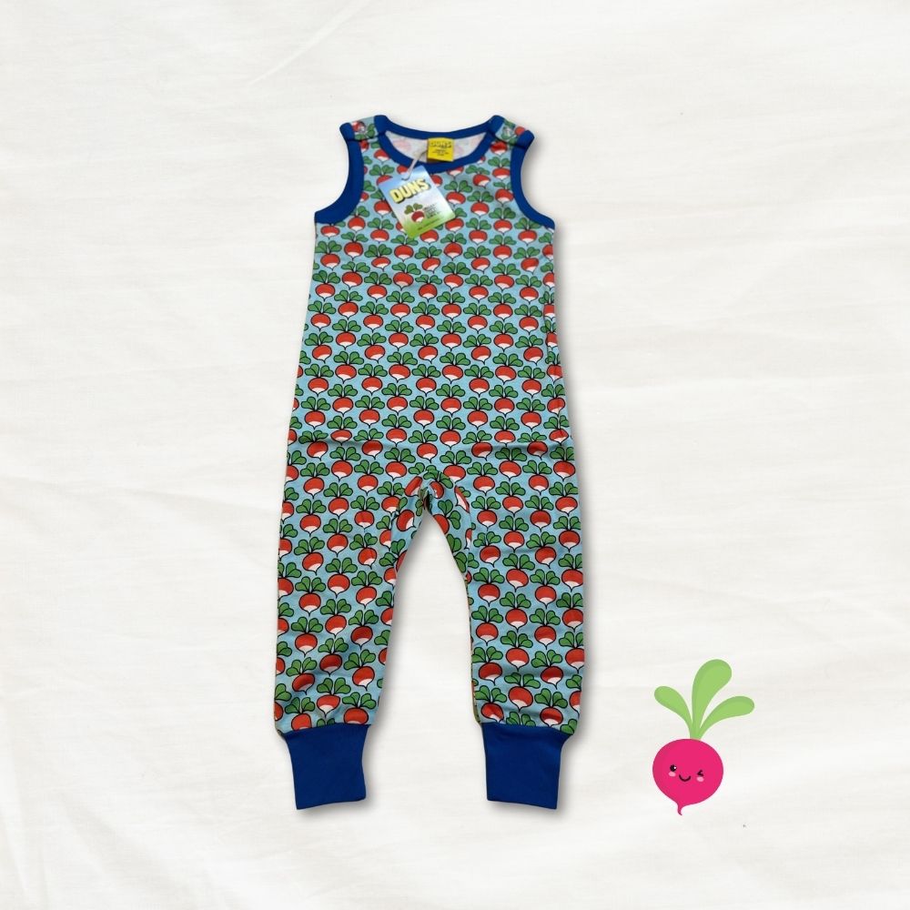 Children's dungarees with radish pattern on a white background
