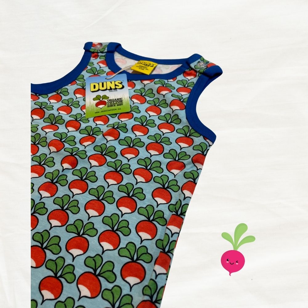 Baby romper with radish pattern and 'Duns' tag on a white background