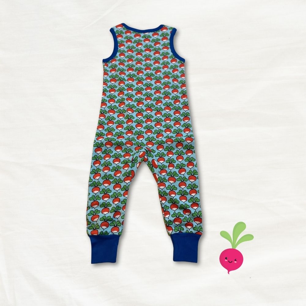 Children's sleeveless romper with radish pattern on a white background