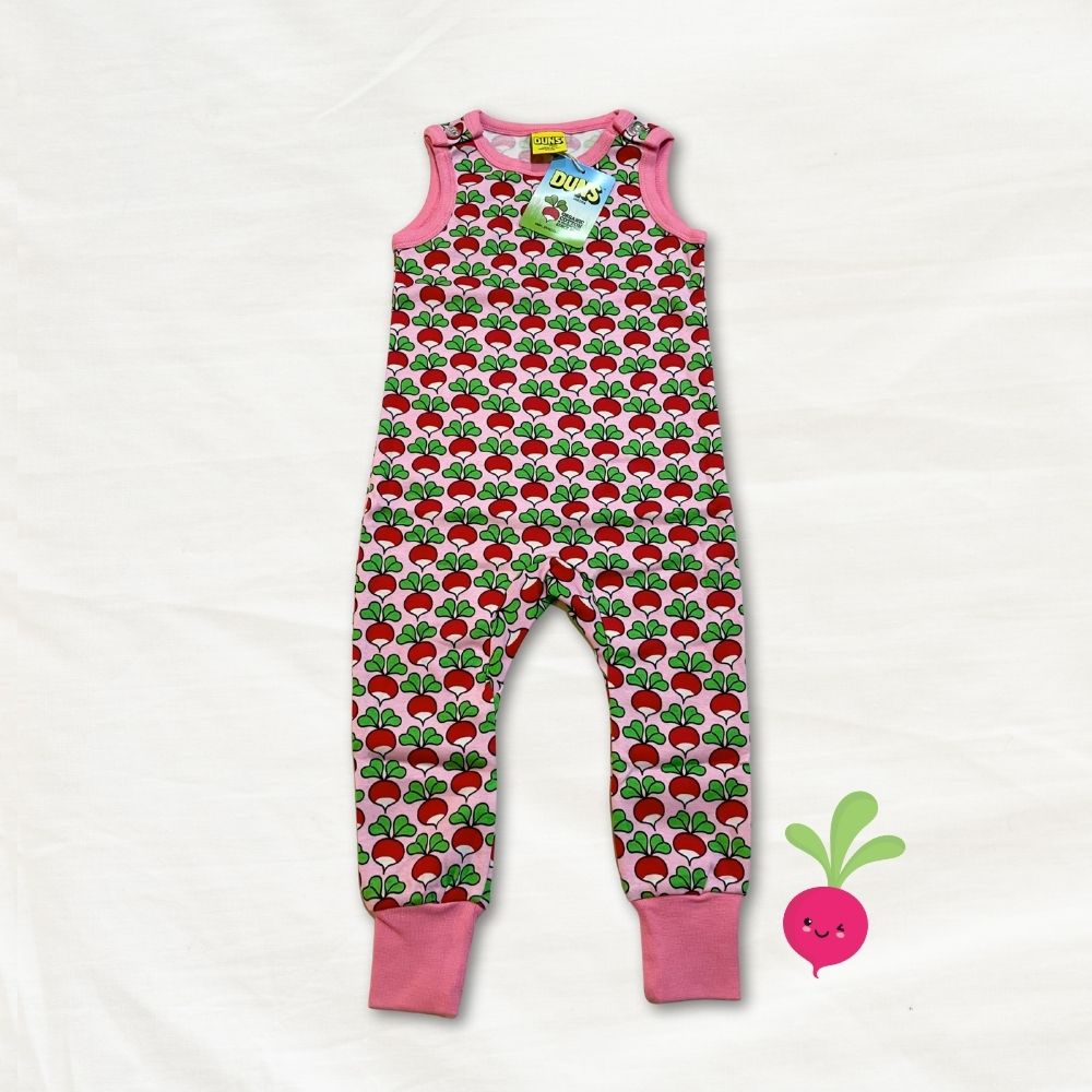 Children's sleeveless romper with radish pattern on a white background