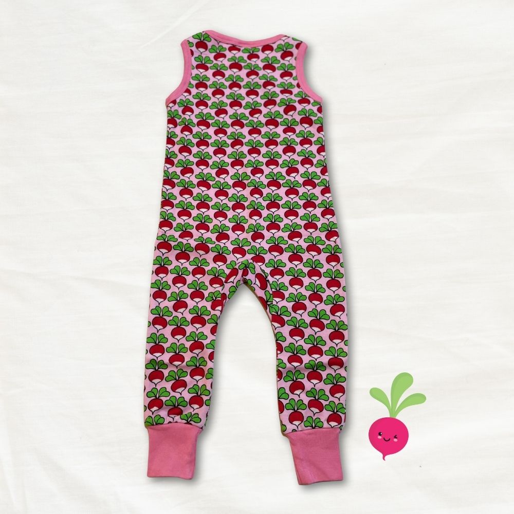 Children's romper with radish pattern on a white background