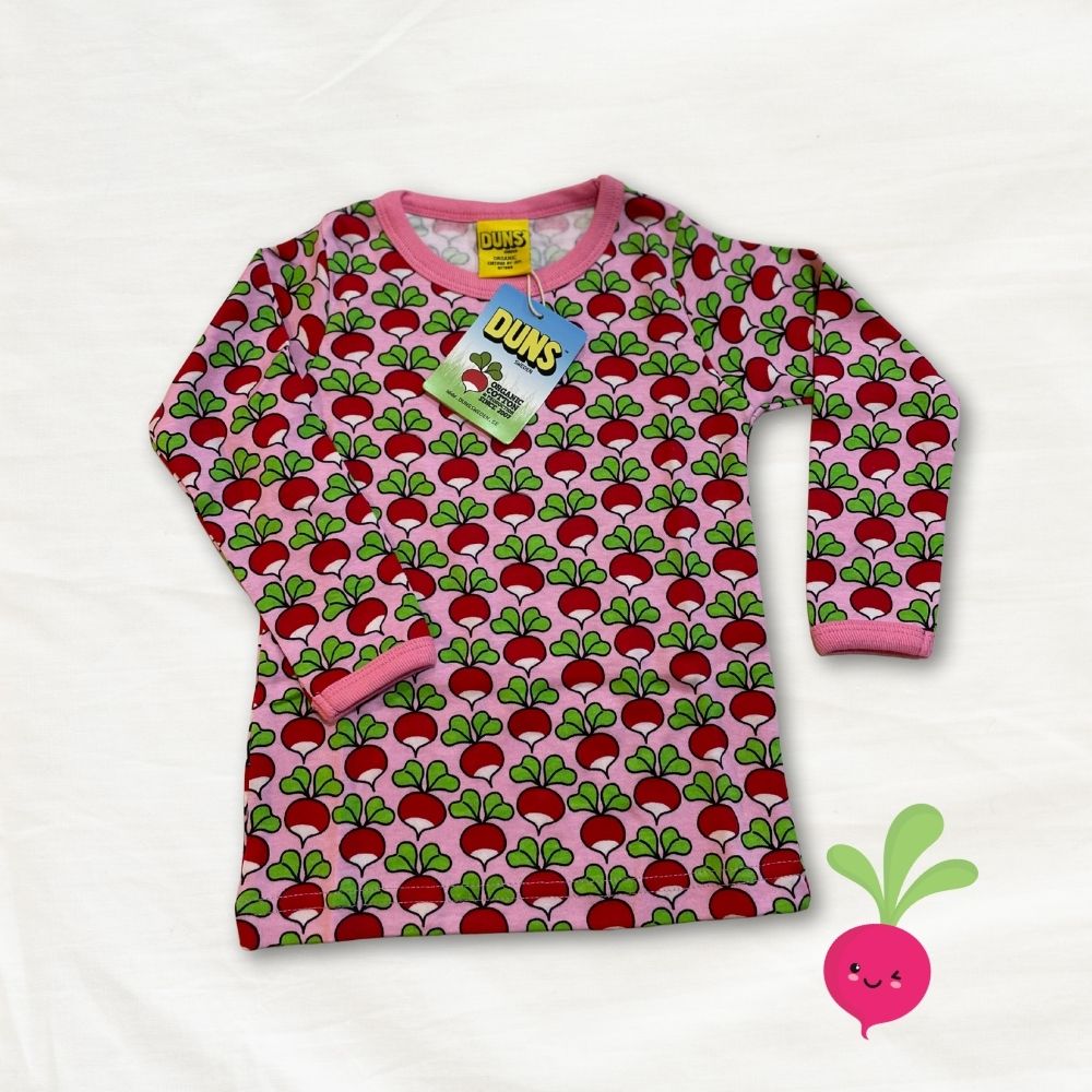 Children's long-sleeve shirt with radish pattern on a white background
