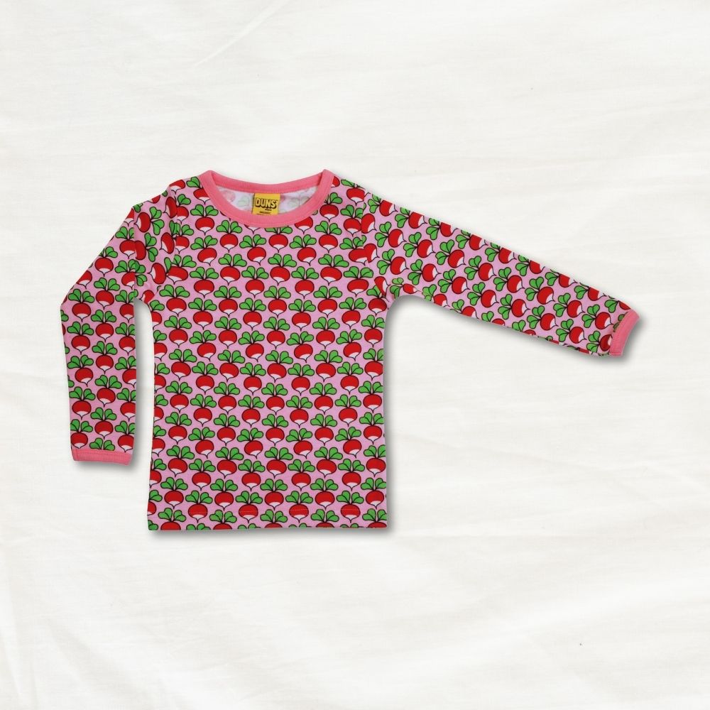 Children's long-sleeve shirt with radish pattern on a white background