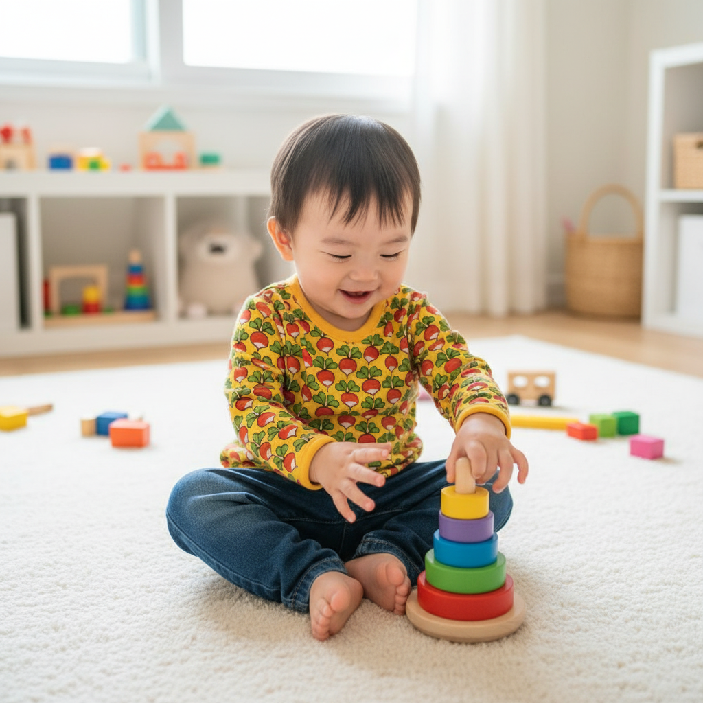 Child playing with colorful stacking toys in a room with shelves in the background