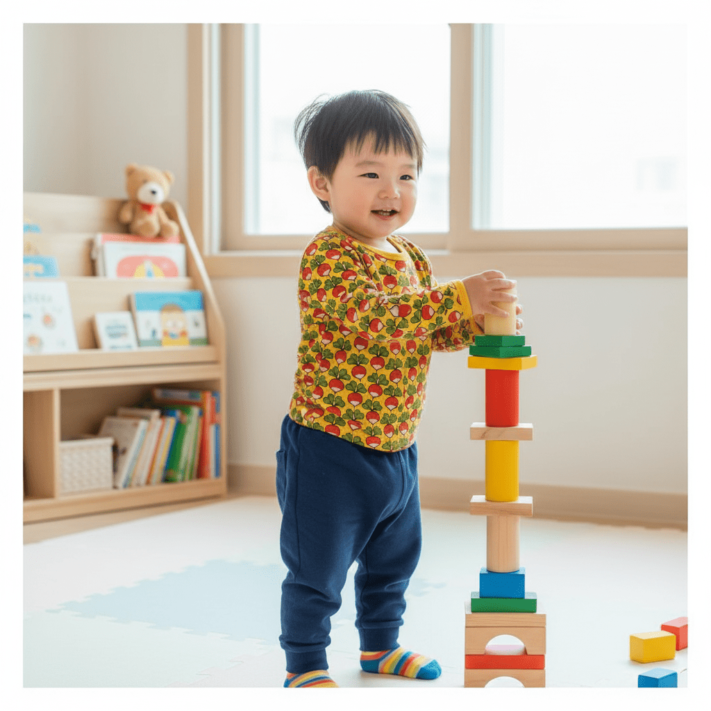 Child playing with colorful building blocks in a room with books and a teddy bear.