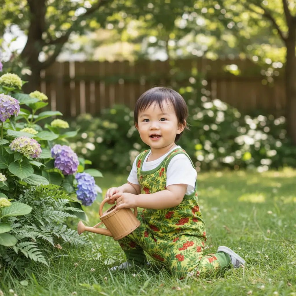Child in a green patterned outfit with a watering can in a garden
