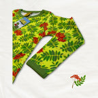 Green sweater with red floral pattern on a white background