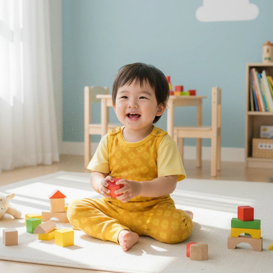 Child playing with colorful blocks in a room with a blue wall and white cloud decoration.