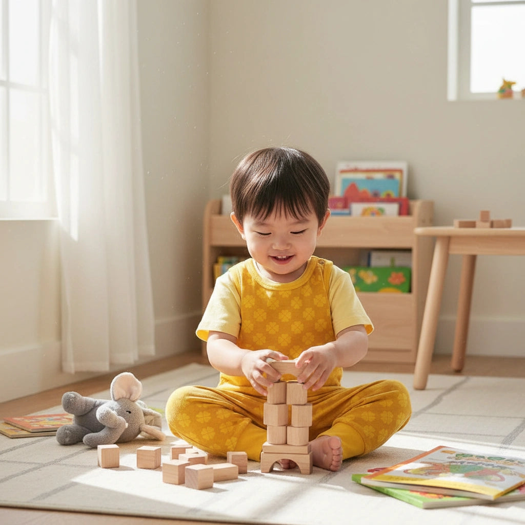 Child playing with wooden blocks in a bright room
