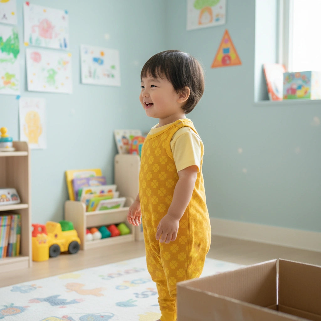 Child in a yellow outfit standing in a colorful playroom with toys and books.