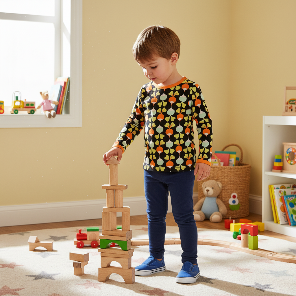 Child playing with wooden blocks in a room with toys and books.