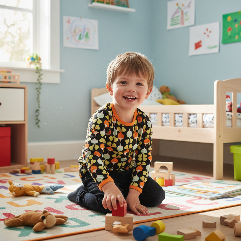 Child playing with toys in a colorful room