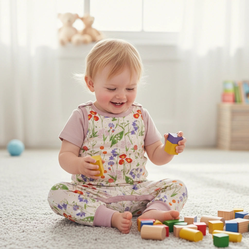 Child playing with colorful blocks in a bright room