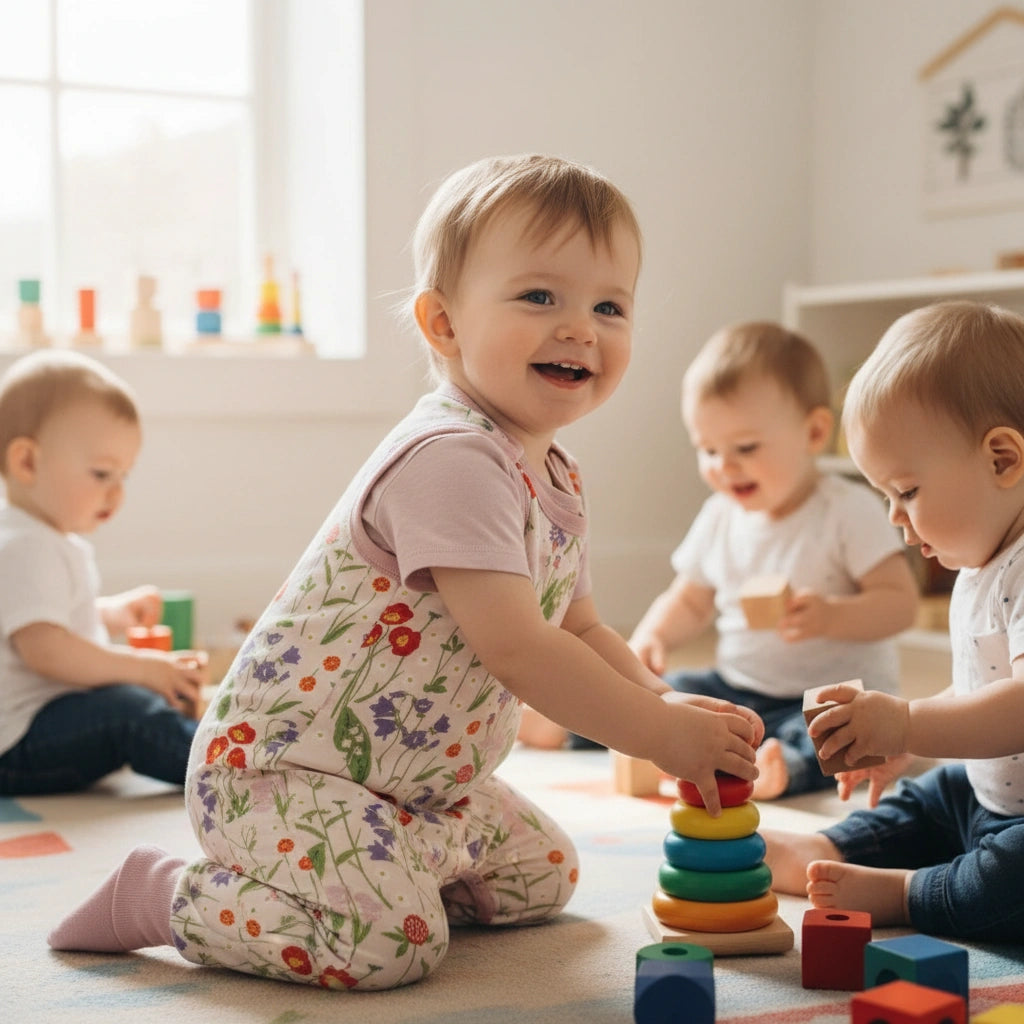 Toddler wearing DUNS Sweden floral dungarees in play room