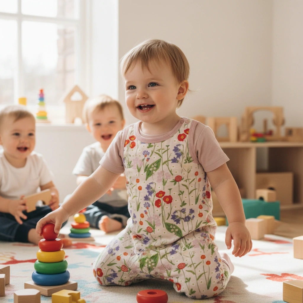 Toddler wearing DUNS Sweden floral dungarees in playroom