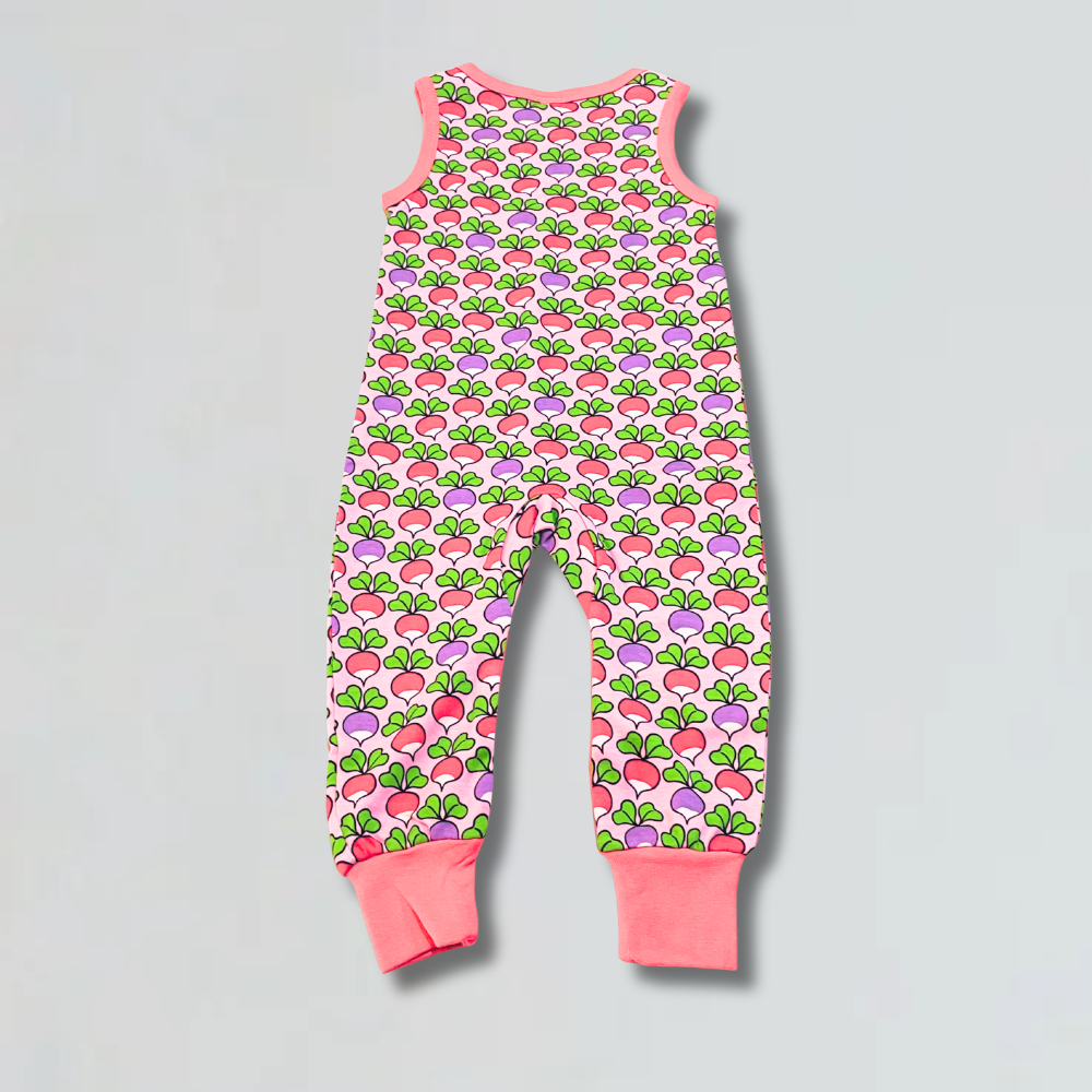 Baby romper with colorful pattern on a gray background