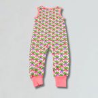 Baby romper with colorful pattern on a gray background