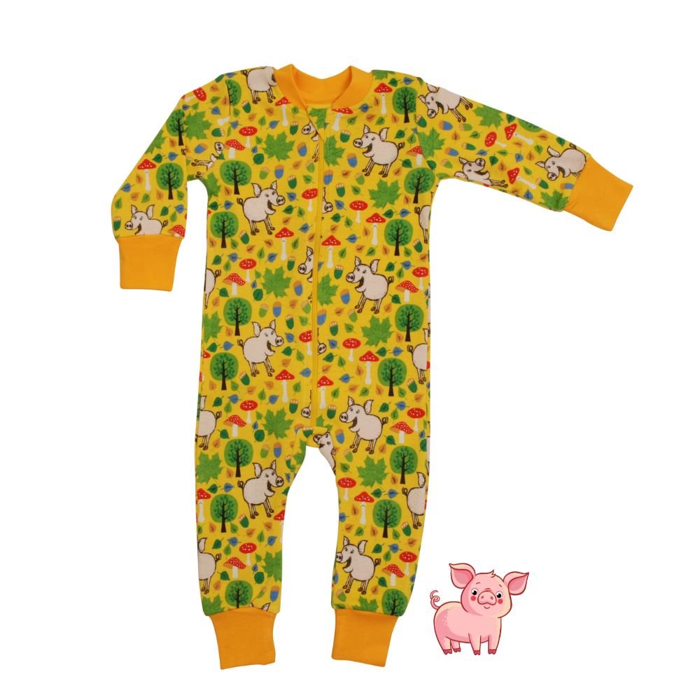 Children's onesie with pig and forest pattern on a white background