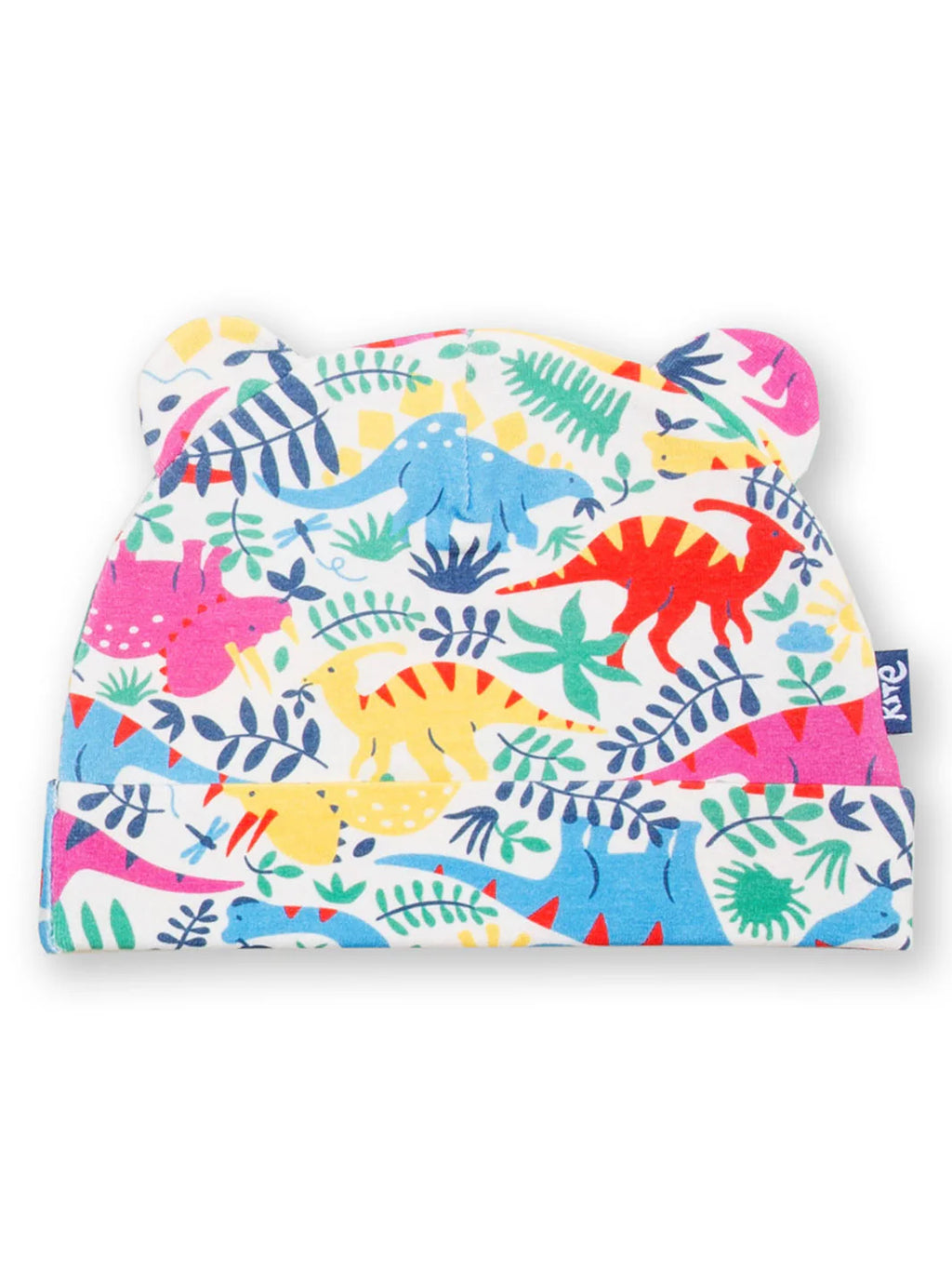 Colorful dinosaur-patterned pouch on a white background