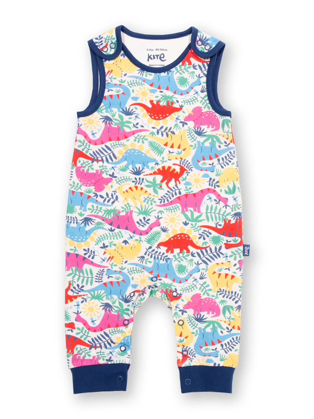 Colorful dinosaur-patterned romper on a white background