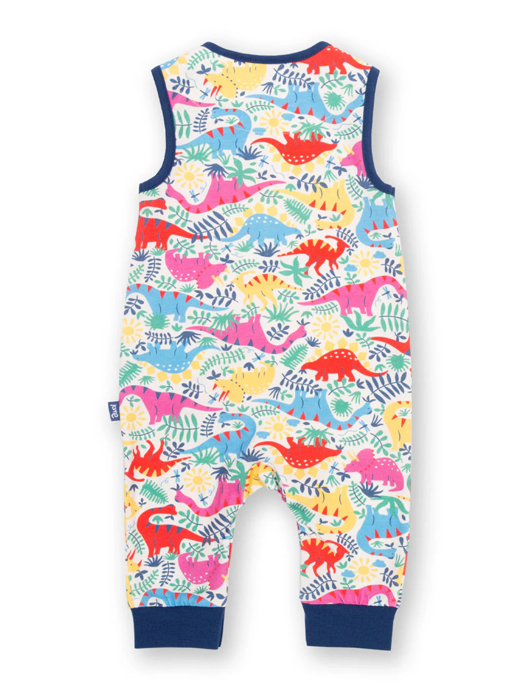 Colorful children's romper with dinosaur pattern on a white background
