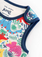 Baby romper with colorful dinosaur pattern and blue trim on a white background