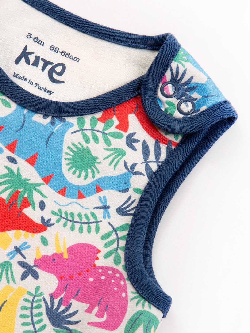 Baby romper with colorful dinosaur pattern and blue trim on a white background