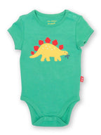 Green baby onesie with a dinosaur design on a white background