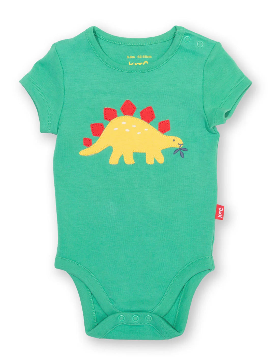 Green baby onesie with a dinosaur design on a white background