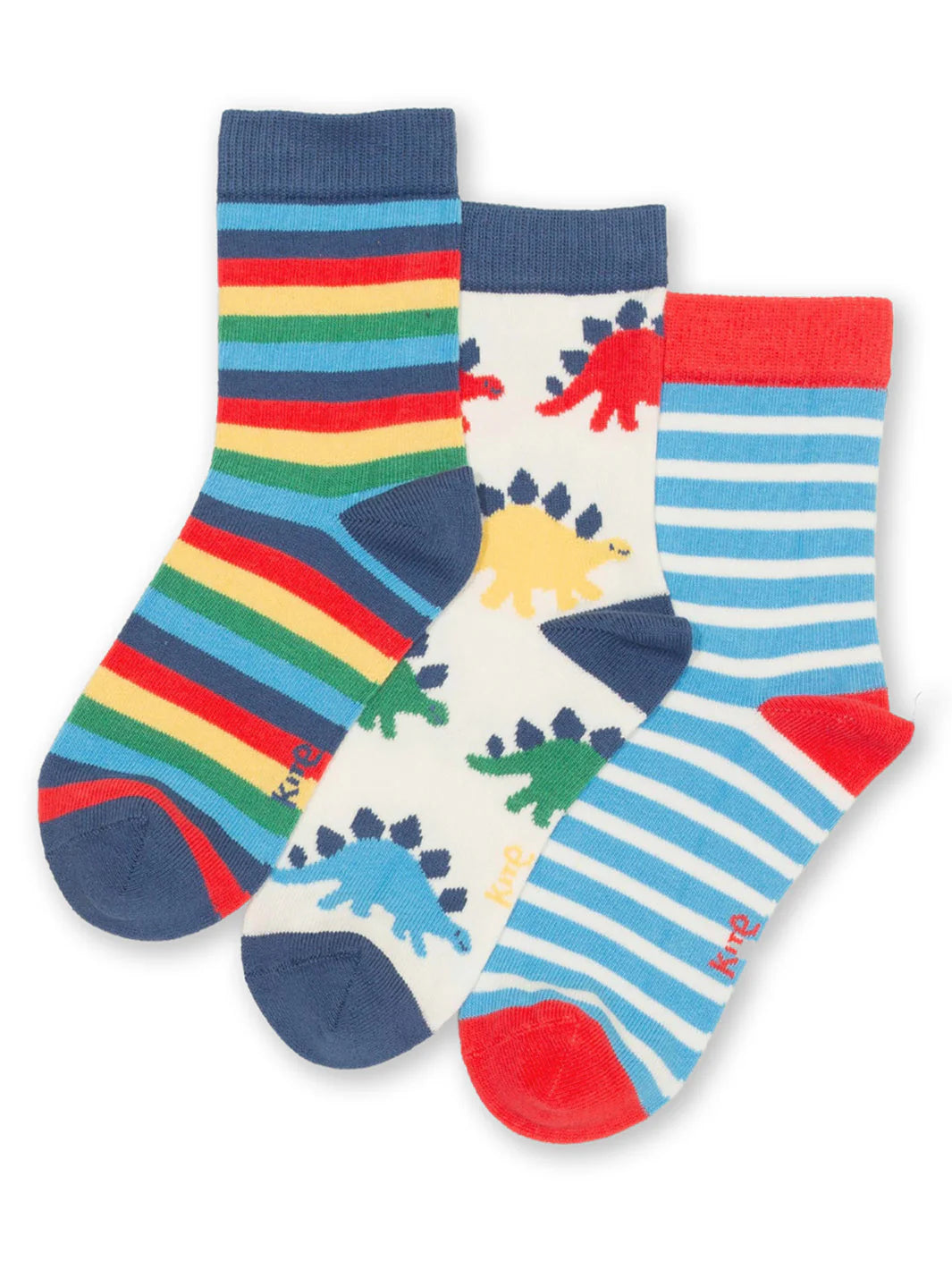 Three pairs of colorful socks with different patterns on a white background
