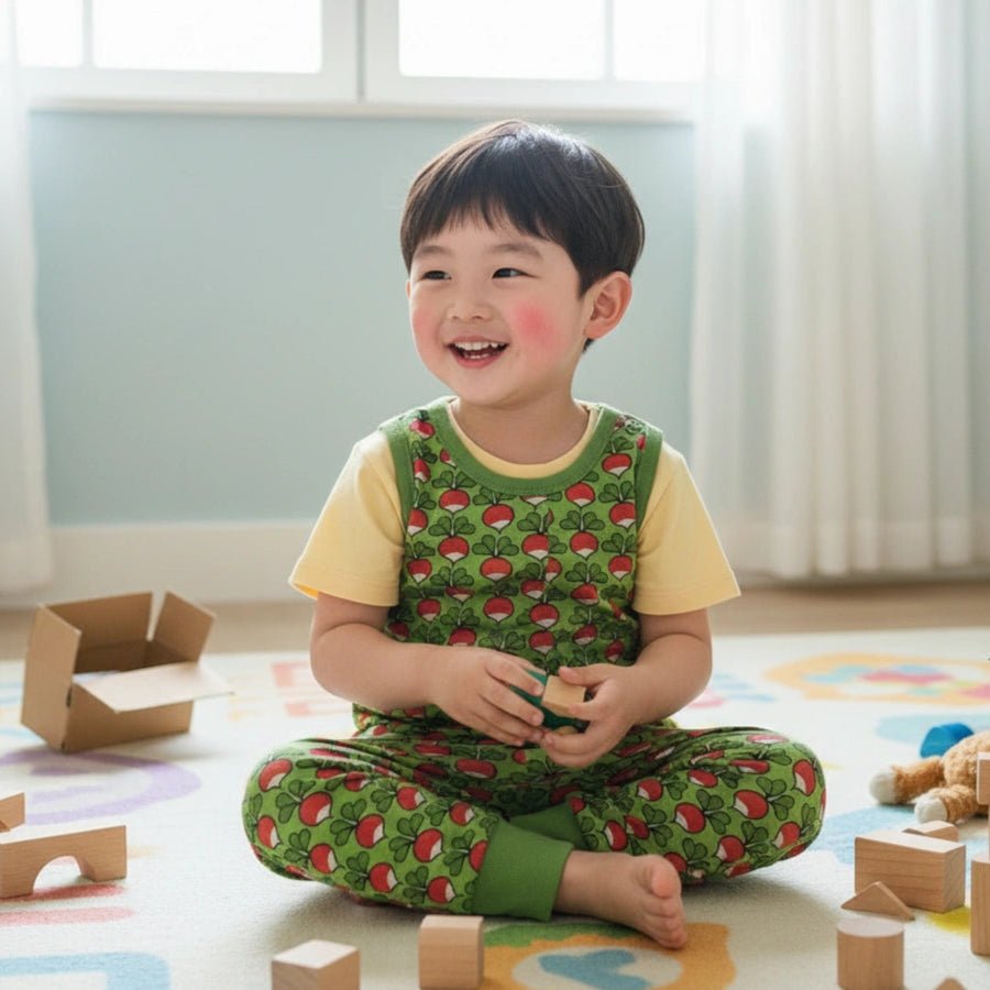 Child playing with toys on a colorful rug in a room with large windows.