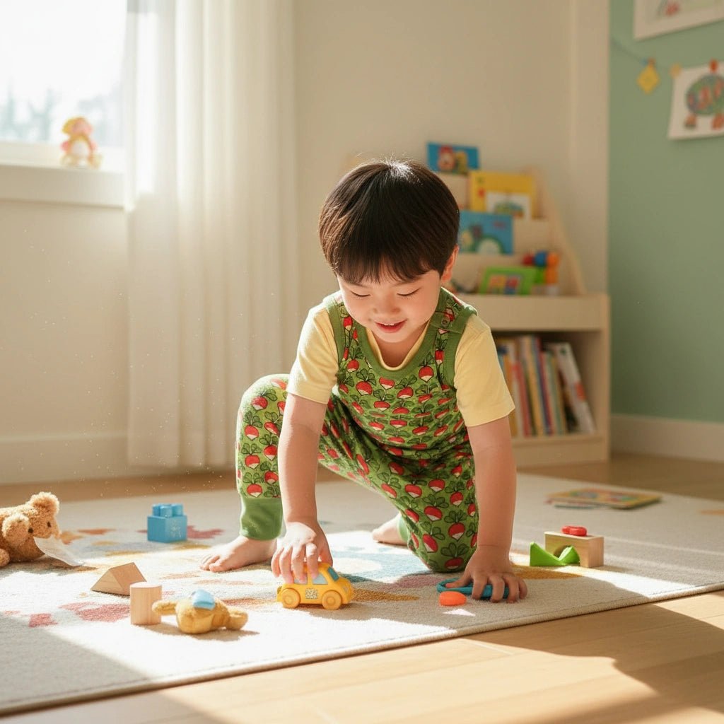 Child playing with toys on a rug in a room with books and a teddy bear.