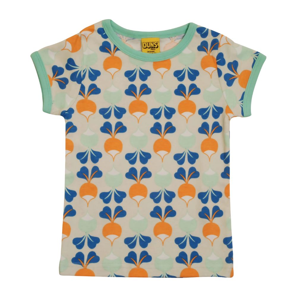 Children's t-shirt with blue and orange floral pattern on a white background