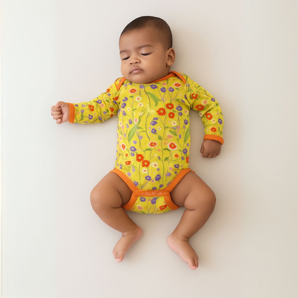Baby wearing a yellow floral onesie on a white background