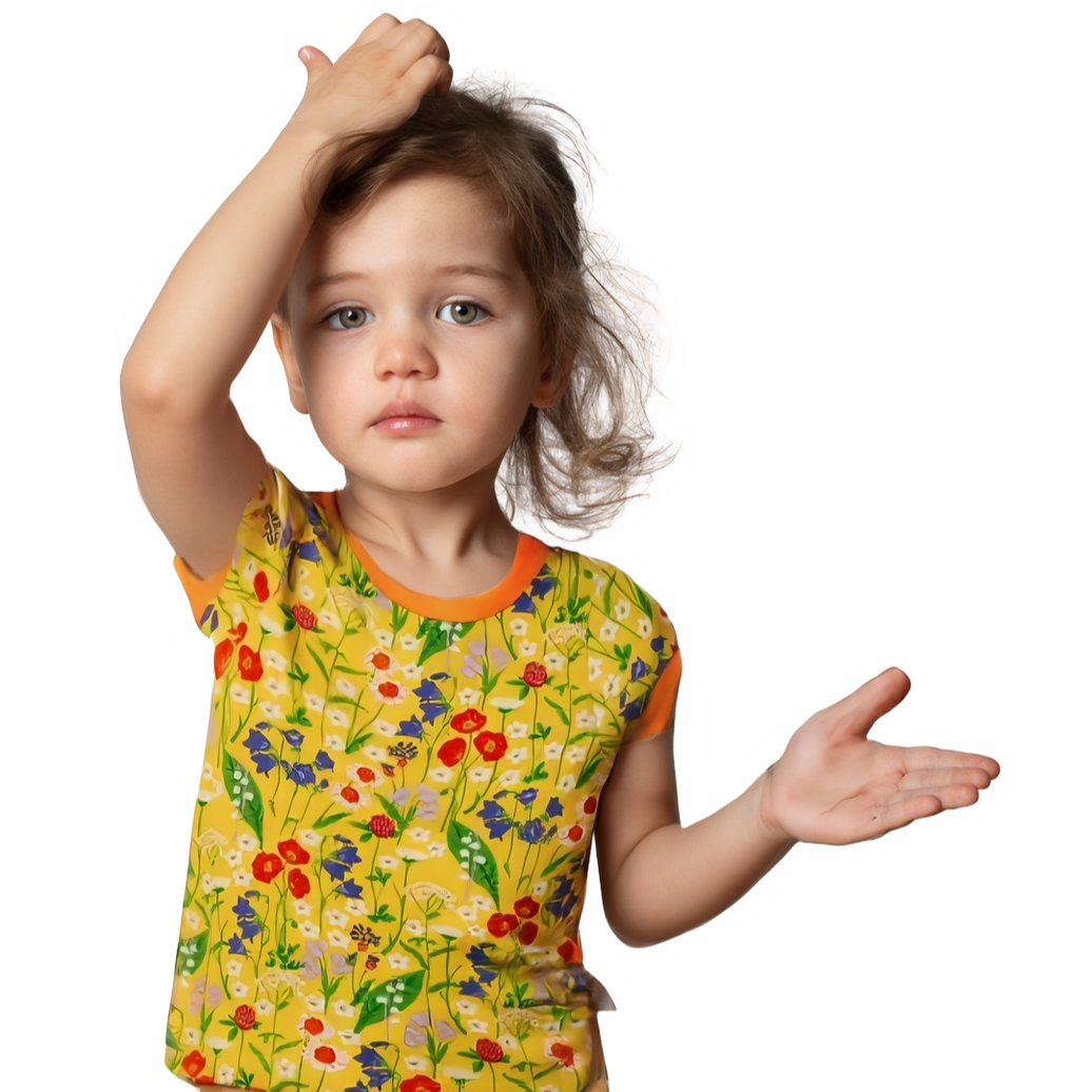 Child wearing a colorful floral shirt on a white background