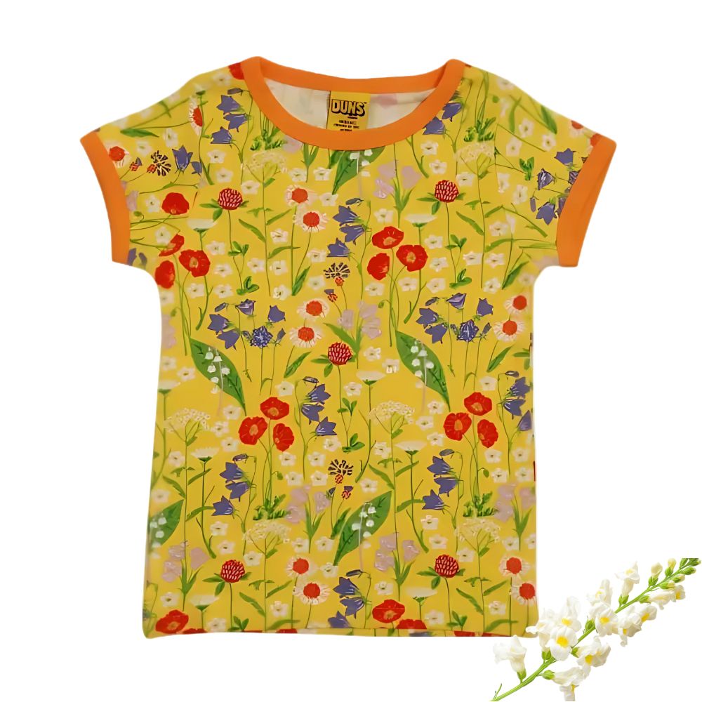 Yellow t-shirt with colorful floral pattern on a white background
