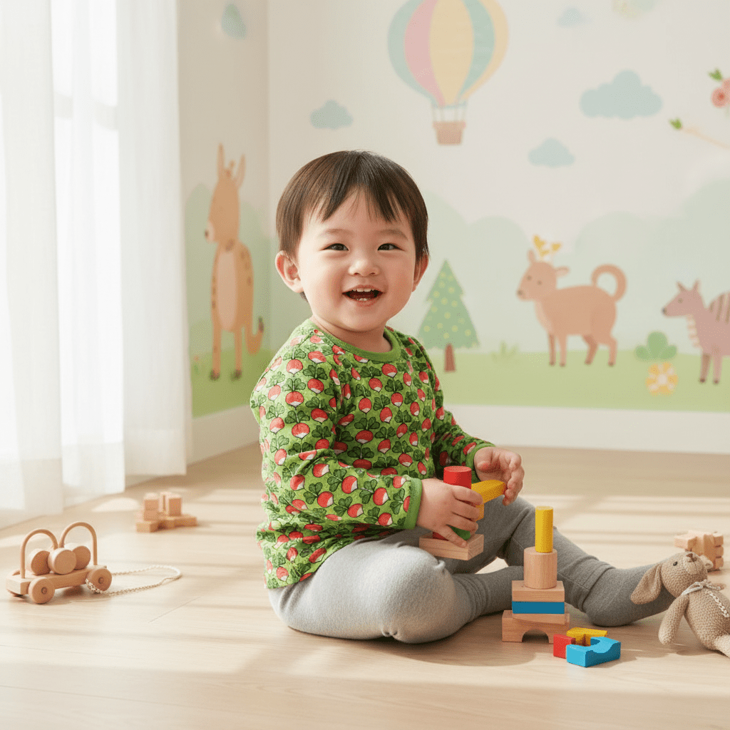 Boy wearing Duns sweden lime green radish playing with blocks