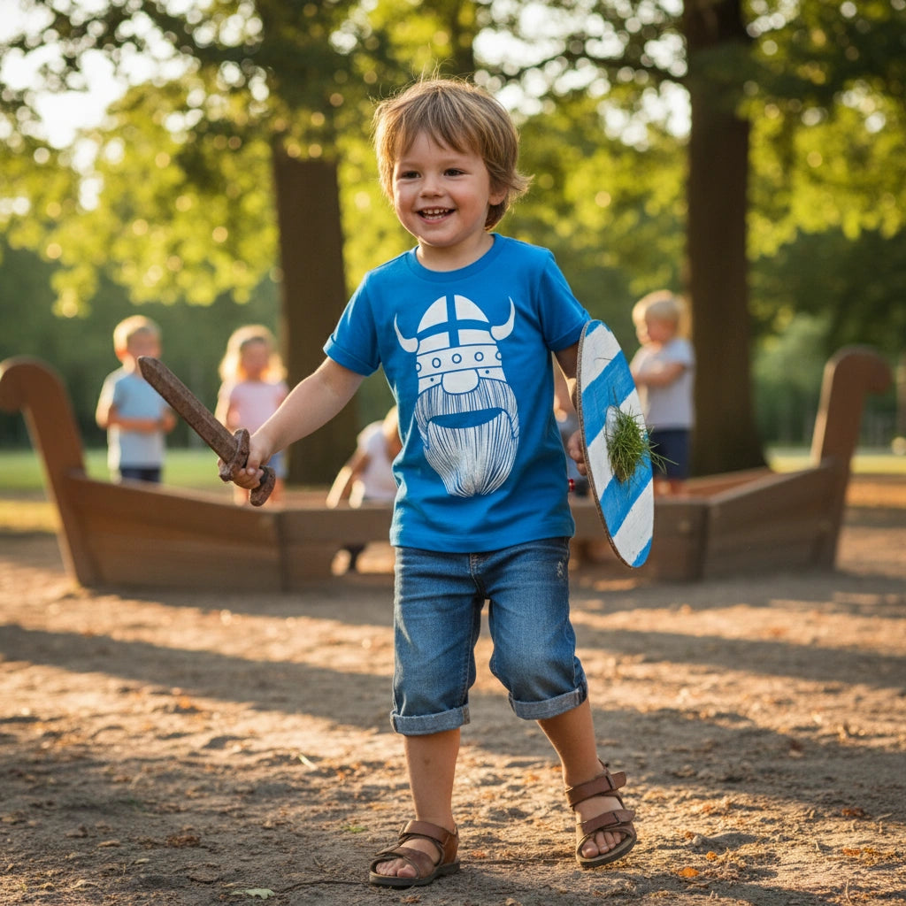 Child in a blue shirt with a viking design holding a sword and shield in a park.