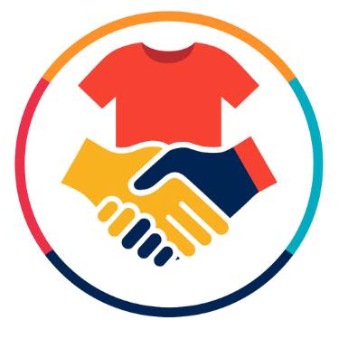 Icon of a handshake with a red shirt inside a colorful circle on a white background