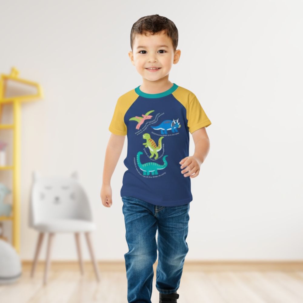 Child wearing a blue and yellow t-shirt with dinosaur graphics in a room.
