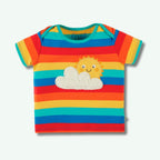 Colorful striped baby shirt with sun and cloud design on a white background